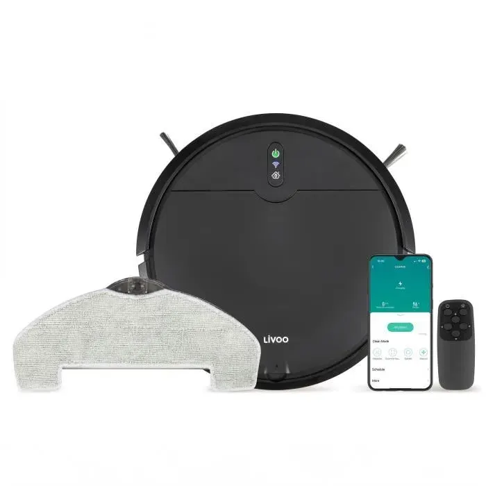 Aspirateur Robot laveur connecté - LIVOO - DOH145 WASHUP - 1000 Pa - 70 min - 2 réservoirs - Noir