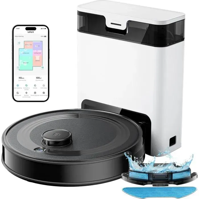 Aspirateur robot Leftant M2 Pro avec vadrouille Noir auto-vidage 6000 Pa navigation laser DTOF évitement dobstacles PSD