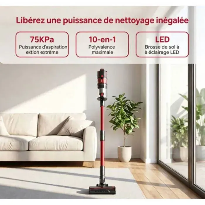 Aspirateur sans fil balai filtration 7 niveaux nettoyage air800W puissance autonomie 70min9x3200mAh 10 en 1 po ASPIRATEUR BALAI