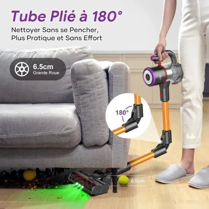 Aspirateur sans fil LED éclairage -550W-45000Pa-53 min- Filtration 5 niveaux anti-allergènes parfait pour poils d ASPIRATEUR BALAI