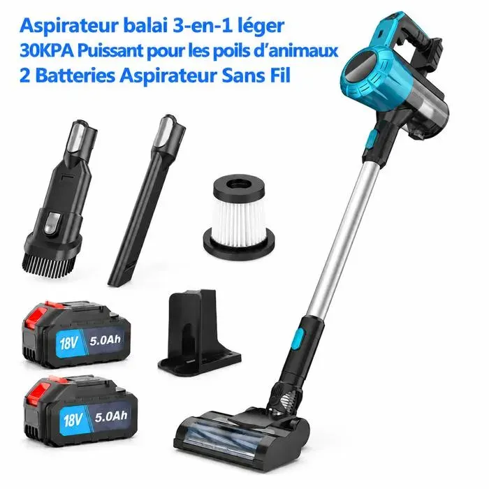 Aspirateur sans fil - MAWIRON - 30KPA (30000Pa) - 2 batteries 18V 5000mAh - Autonomie 60 min - Réservoir 600 ml