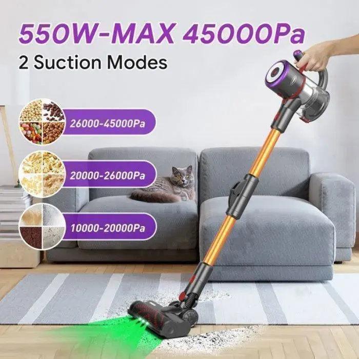 Aspirateur Sans Fil Pliable 180° 550W 45000Pa 6x3200MAH 53min parfait pour nettoyage complet maison tapis et ca ASPIRATEUR BALAI