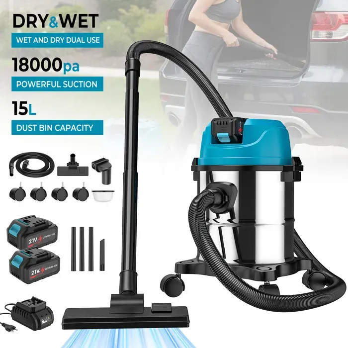 Aspirateur sans fil rechargeable acier inoxy - 1200W/15L/18000pa - 40000r/min - Utilisation à sec humide - 2 batteries - silencieux