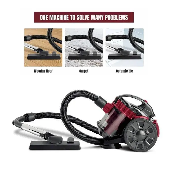 Aspirateur sans sac 2600W 1.5L Câble 5 m Filtration haute performance Silencieux Aspirateur Conception facile à démonter Rouge