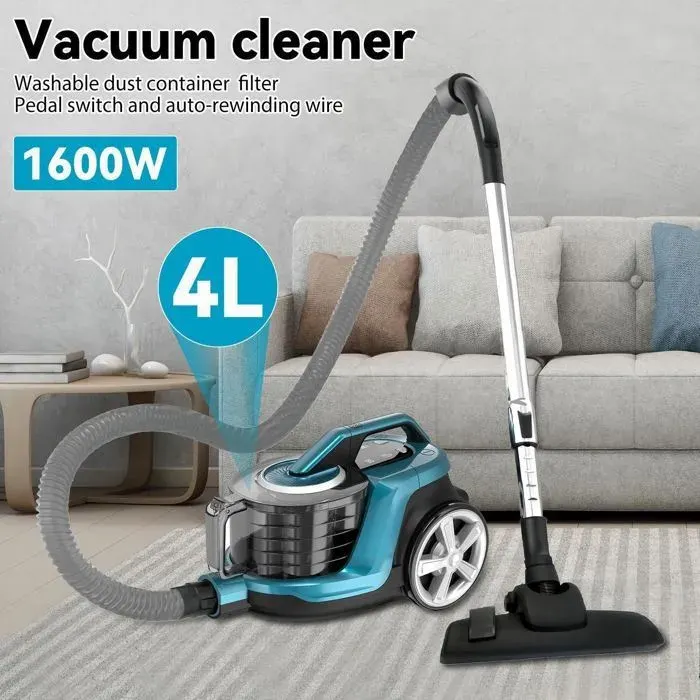 Aspirateur sans sac - Capacité 4 L - 1600 W - Réglage de la vitesse - Haute filtration - Silencieux - Cordon de 5 m - Aspirateur