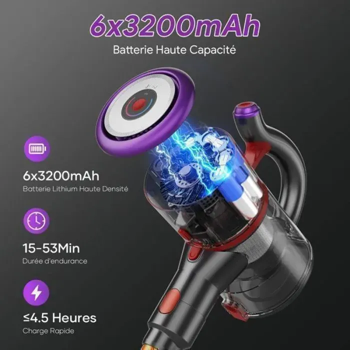 aspirateur sans sac léger pliable aspiration puissante batterie 6x3200mAh LED filtration 5 étapes parfait pour foyer avec animaux A