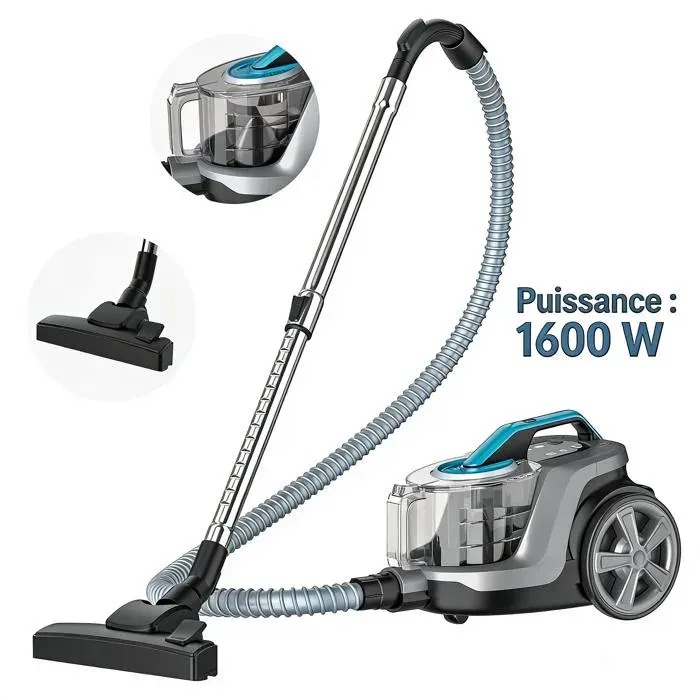 Aspirateur Sans Sac Puissant 1600W Puissant Et Silencieux Aspirateur Traineau Sans Sac Grande Capacité 4L Longueur du câble 5 m