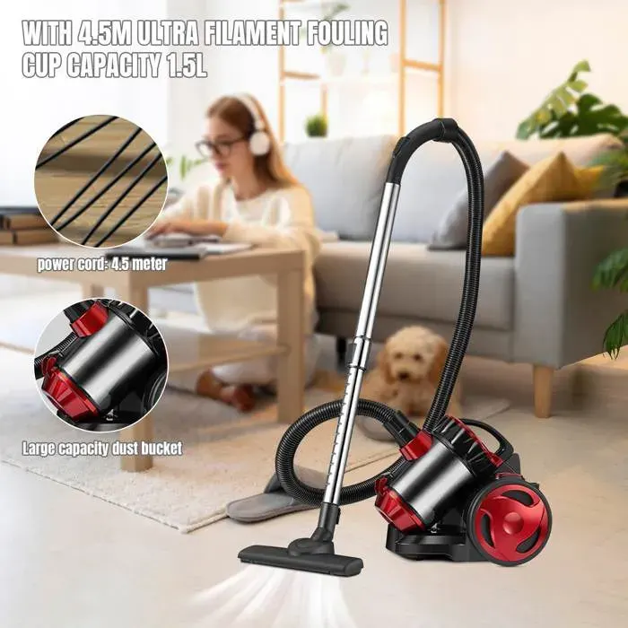 Aspirateur sans sac rouge 2000W 1.5L - brosse universelle - Filtration haute performance - 4.5m - Classe énergétique A -Aspirateur