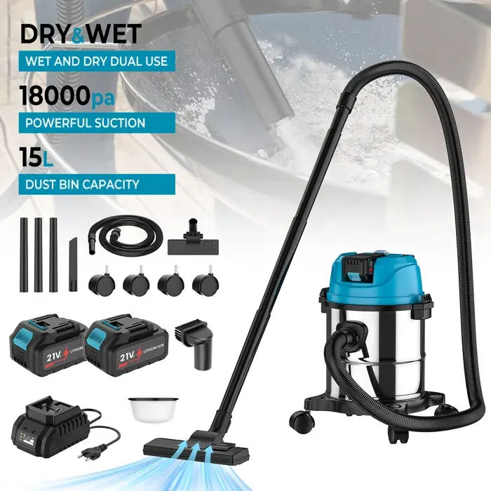 Aspirateur sans sac Utilisation à sec et humide - 1200W/15L/18000pa - 40000r/min - inoxy - 2 batteries rechargeables-sans fil-bruit