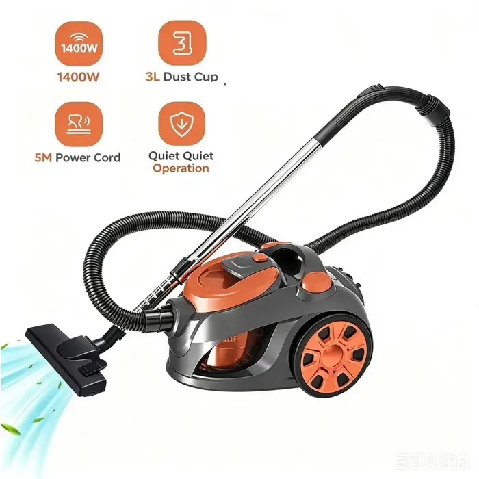 Aspirateur Traîneau 1400W Cuve 3L Enrouleur Fil 5m Silencieux & Multi-Cyclone Filtre Lavable Sols Durs & Moquettes