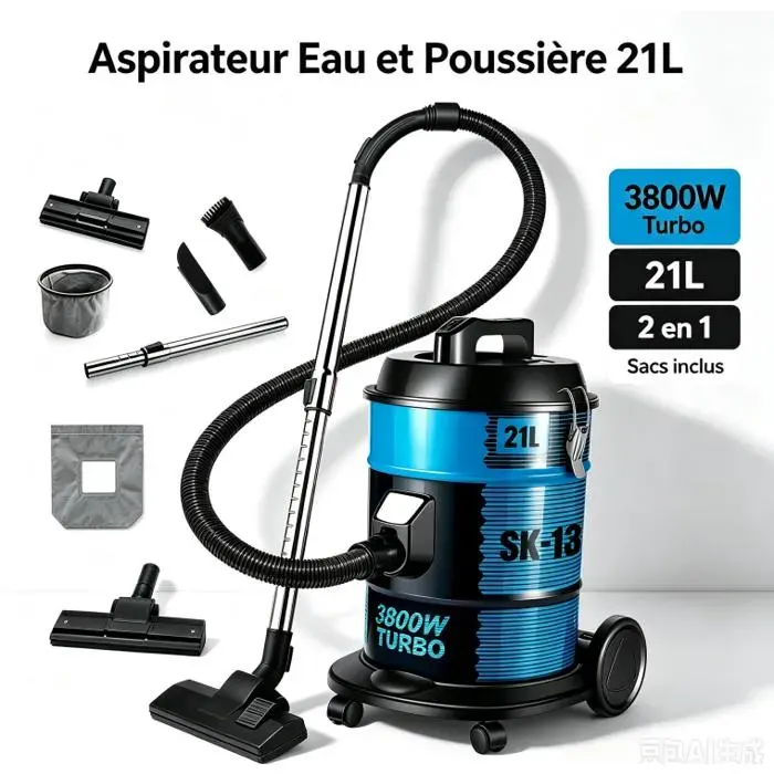 Aspirateur traîneau 3800W – 21L cyclone 4.5m de câble – Filtre lavable – 2 modes (sol/tapis) – Pour maison atelier chantier