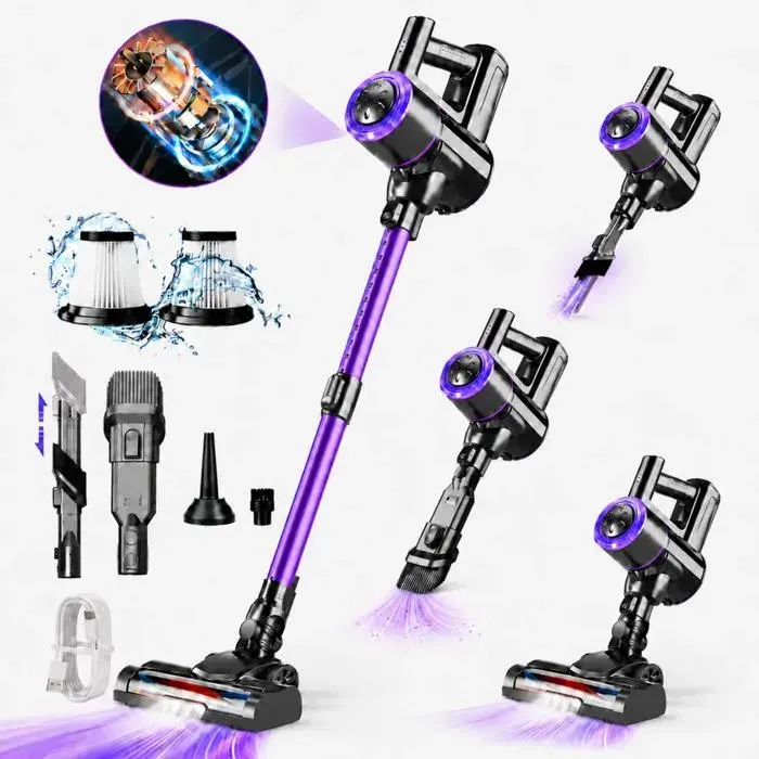 Aspirateur vertical sans fil violet de 26 kPa 265 W écran LED et brosse rotative souple