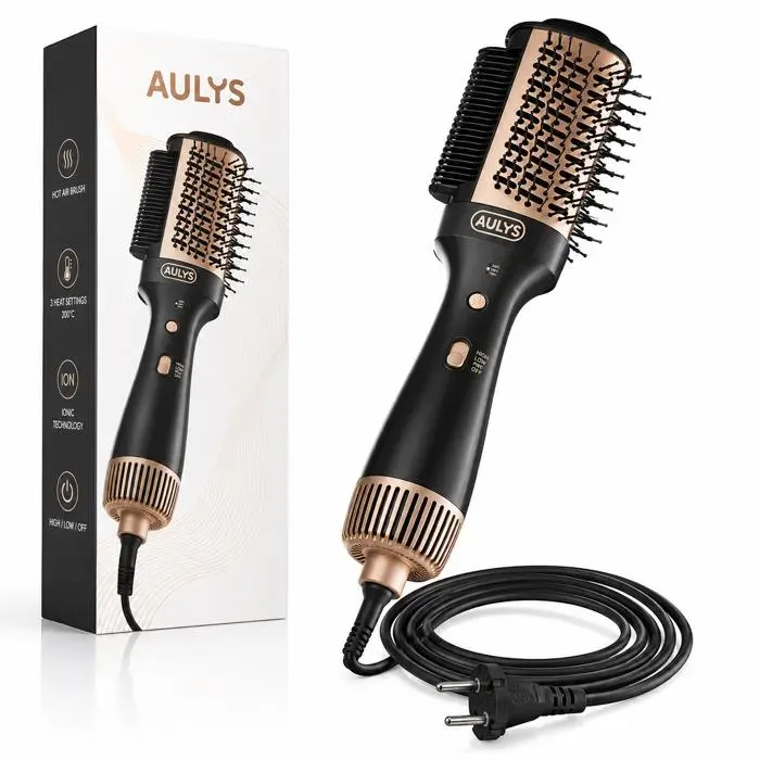 AULYS Brosse Soufflante Chauffante – Brosse Coiffante Air Chaud – 3 Réglages – Revêtement Céramique – Anti-Frisottis – Noir Or