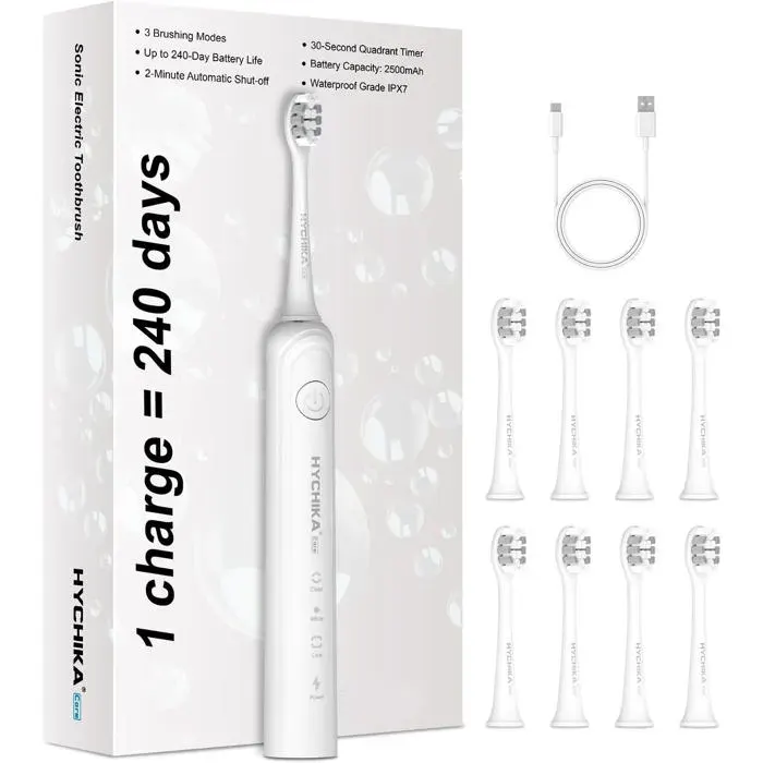 Autonomie de 240 jours Brosse à dents électrique pour Adultes8 Têtes de RechangeBatterie Rechargeable3 ModesMinuterie de 2Blanc