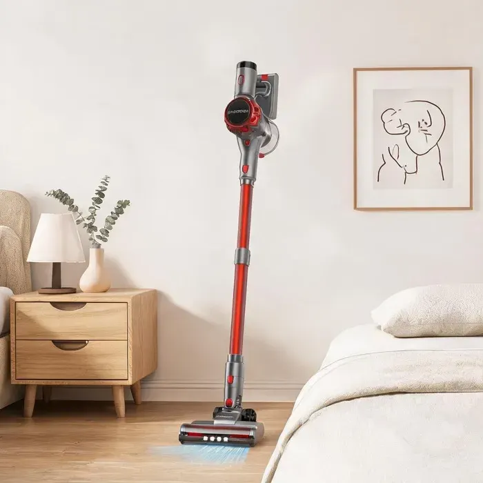 Balai aspirateur sans fil gris et rouge avec affichage LED puissance daspiration 40 000 Pa et filtration HEPA 6-en-1