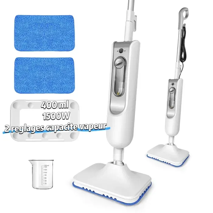 Balai vapeur 1500W - Balai vapeur avec nettoyeur à main - Chauffe rapide 20s - 400 ml -2 réglages capacité vapeur- 4.8M -Détachable