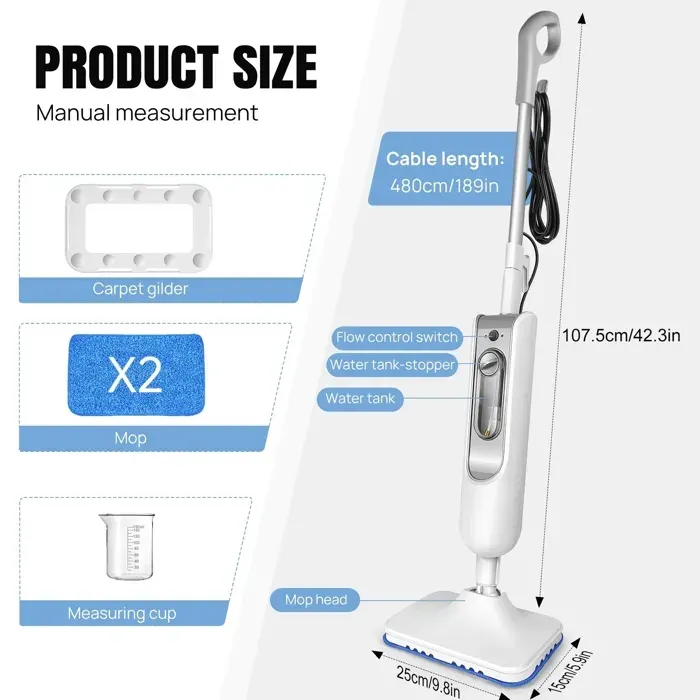 Balai vapeur avec nettoyeur à main 1500W - Balai électrique vapeur - Chauffe rapide 20s - 400 ml -2 réglages capacité vapeur