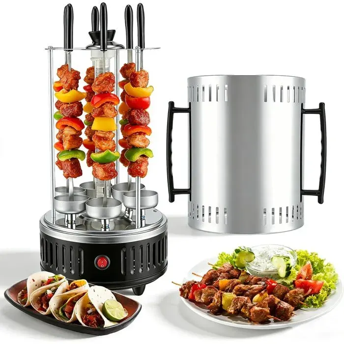 Barbecue De Table Électrique Vertical En Acier Inoxydable Grill À Brochettes Avec 12 Broches Et 2 Éléments Chauffants En Verre 1