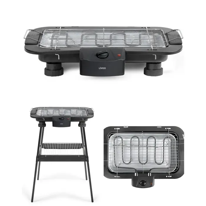 Barbecue électrique - LIVOO - 2200W - 2 en 1 sur table/pieds - Thermostat réglable & variateur lumineux - Grille 38x22 cm