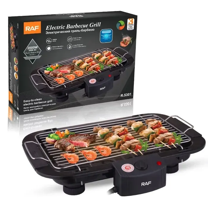 Barbecue électrique RAF-sans fumée 0% BPA 2000W-Thermostat réglable 48x7.3x35cm-noir