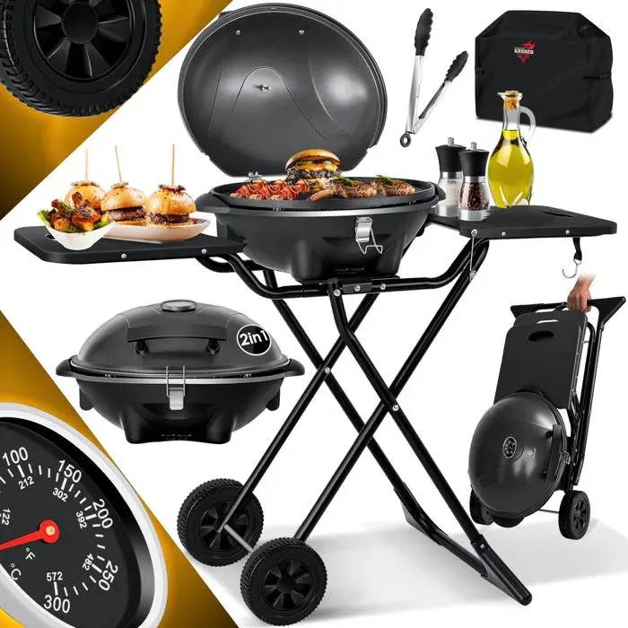 Barbecue électrique sur pied pliable noir - KESSER - 2400 W - Thermomètre intégré - 2 roues robustes