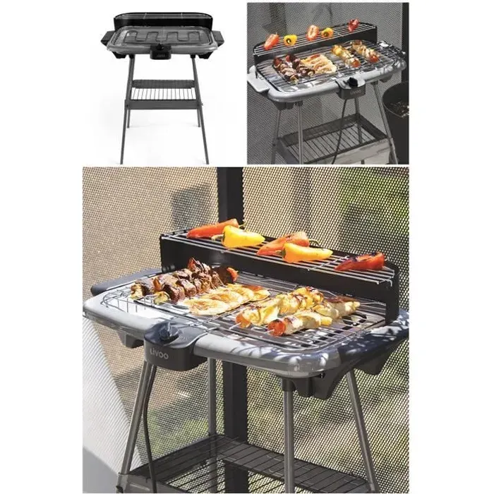 Barbecue Electrique sur Pieds ou de Table Gris 2000W Poignées intégrées pare-vent amovible