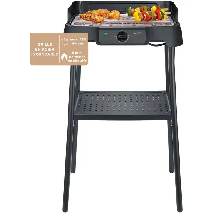 Barbecue électrique sur pieds - SEVERIN - PG8594 - 2000 W - Surface de cuisson 38 x 22 cm - Thermostat réglable - Noir