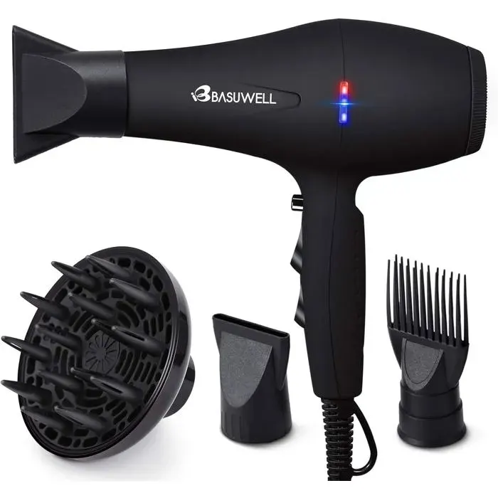 Basuwell Seche Cheveux Professionnel 2100W Salon Seche-Cheveux avec DiffuseurPeigne et Buse Puissant AC Moteur (Noir)