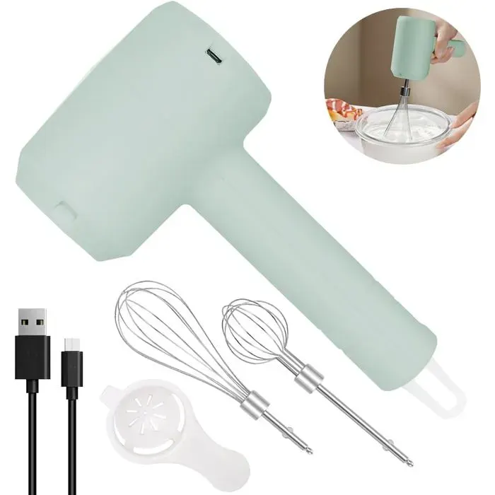 Batteur à Main Électrique Fouet à Main Portable sans Fil avec 3 Vitesses Rechargeables et 2Fouets Détachables pour la Cuisson(Vert)