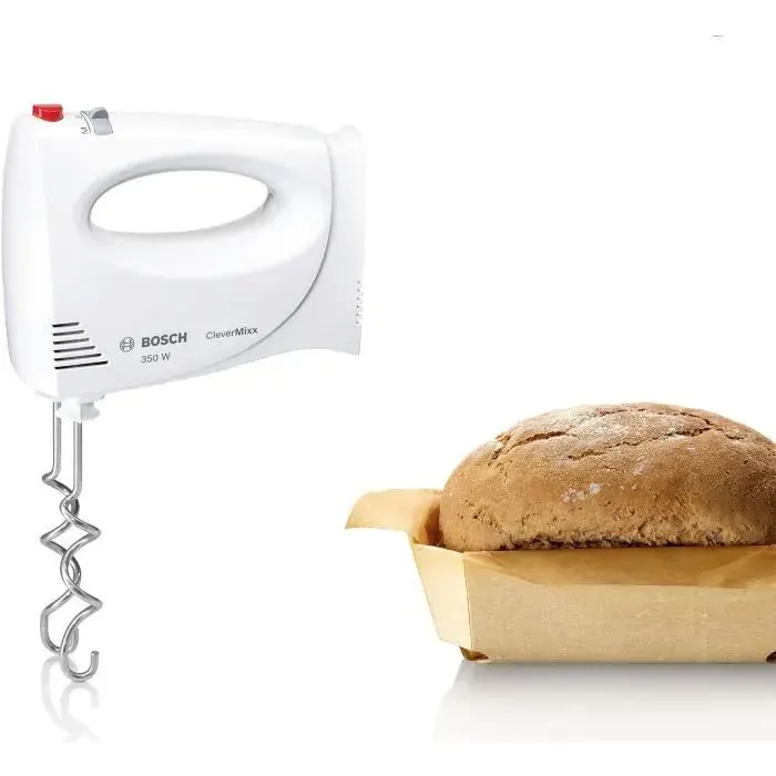 Batteur BOSCH CleverMixx MFQ3030 - 350 W - 4 vitesses - Touche Pulse - 2 crochets + 2 fouets inox - Blanc