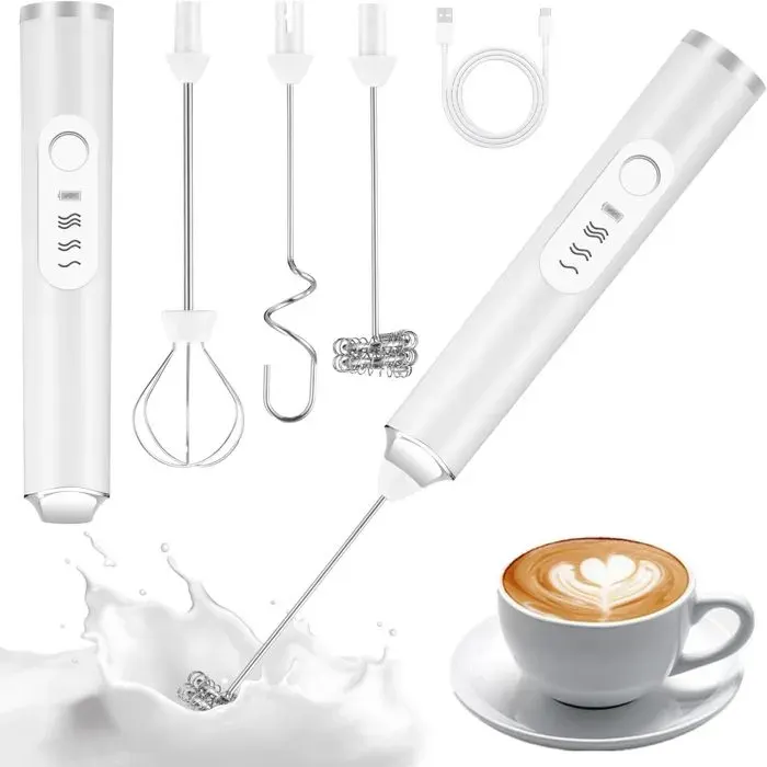 Batteur électrique - 1 Mousseur à lait rechargeable blanc chargement USB-C 3 fouets - Cuisine QIEDOVIEY