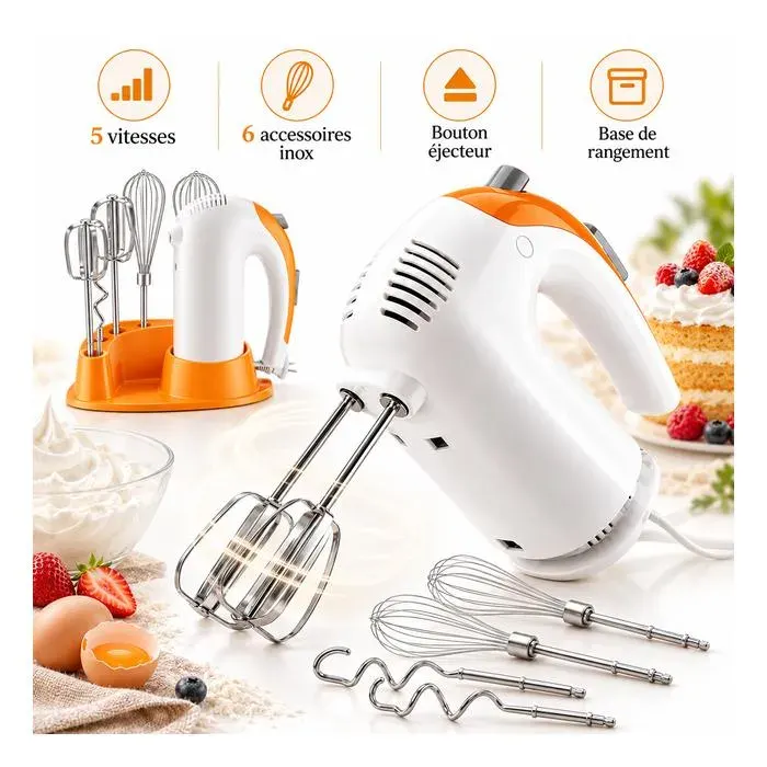 Batteur Électrique à Main 5 Vitesses 6 Fouets Inox Base de Rangement Bouton Éjecteur pour Pâtisserie et Cuisine Blanc Orange
