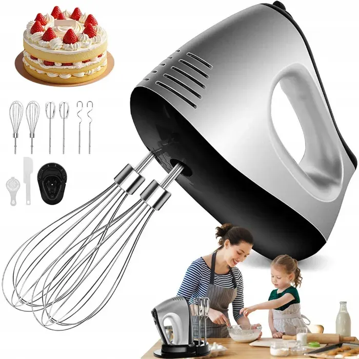 Batteur électrique-mixeur-300W-5 vitesses-2 fouets-2 pétrins-base rangement-ergonomique-inox-lavable-blanc