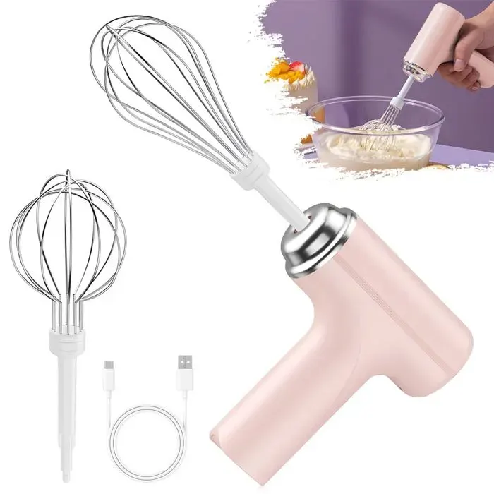 Batteur Électrique Sans Fil USB 3 Vitesses - Fouet à Main avec 2 Têtes Inox Amovibles pour Cuisine Pâtisserie Rose VITDIPY