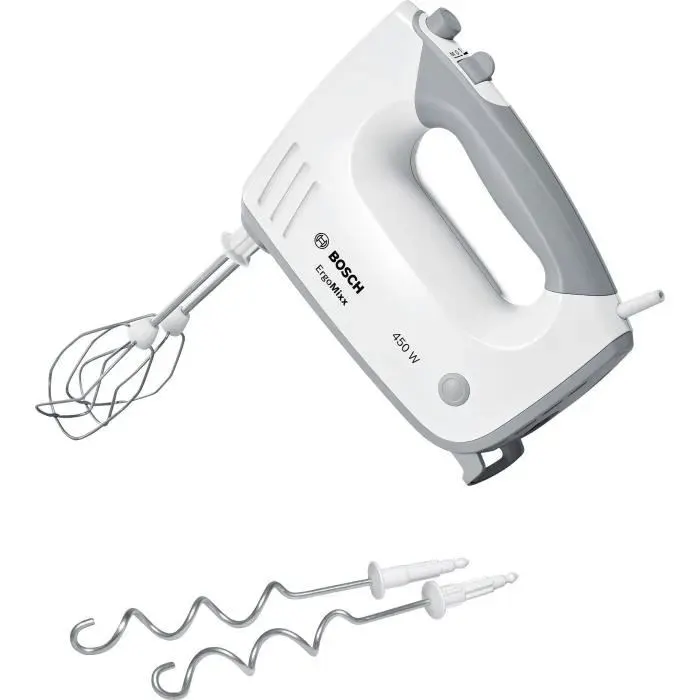 Batteur ErgoMixx 450 W - BOSCH MFQ36400 blanc/gris - 5 vitesses+turbo - 2 fouets inox - 2 crochets pétrisseurs inox