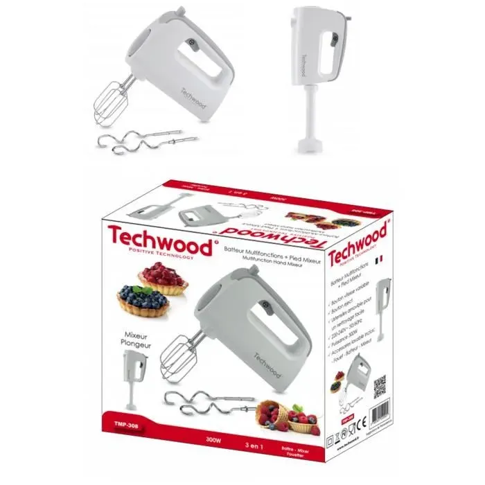 Batteur Multifonctions - TECHWOOD - 300 W - 5 Vitesses - Fonction Turbo - 2 Batteurs et Crochets — coloris Blanche