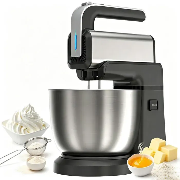 Batteur Pétrin Sur Table 300W 3.5L Inox 5 Vitesses Corps Acier & Poignée Ergonomique 2 Batteurs + 2 Crochets