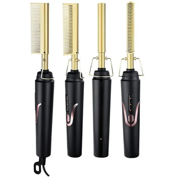 BAUME Lisseur électrique 2 en 1 peigne chauffant bigoudi humide et sec outil de coiffure multifonctionnel Or LES USA