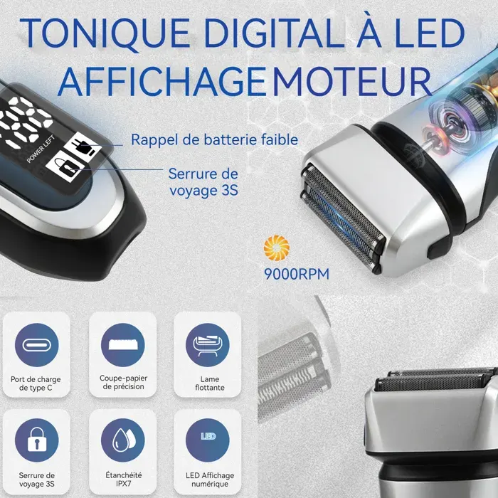 Beaute bien-etre rasoir électrique pour homme en aluminium étanche ipx7 avec affichage numérique intelligent - TepidBee - rasage u