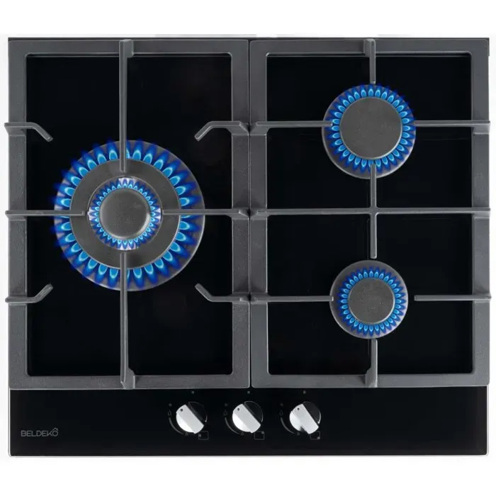 BELDEKO Plaque de cuisson Gaz 3 Feux 60 cm Verre Noir - Grilles Fonte - Marque Française — coloris Gris