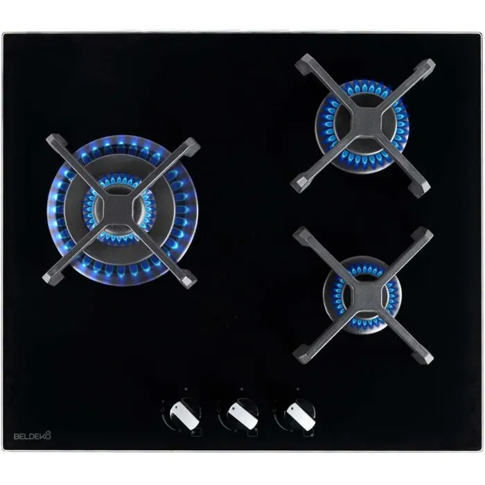 BELDEKO Plaque de cuisson Gaz 3 Foyers 60 cm Verre Noir - Grilles Fonte - Marque Française — coloris Gris