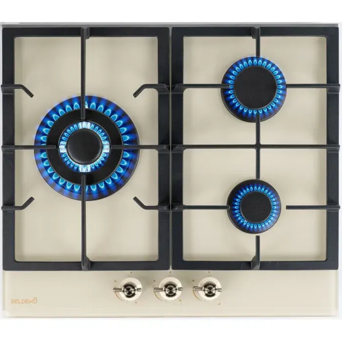 BELDEKO Plaque Gaz 3 Feux 6200W Beige Grilles Fonte - Marque Française