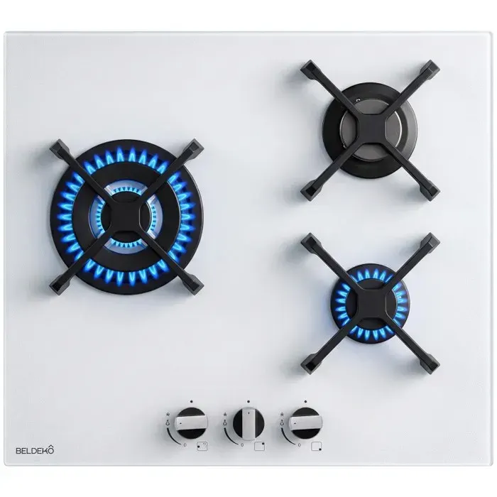 BELDEKO Plaque Gaz 3 Foyers 6200 W - Verre Blanc - Brûleur Double Couronne - Grilles en Fonte - Marque Française