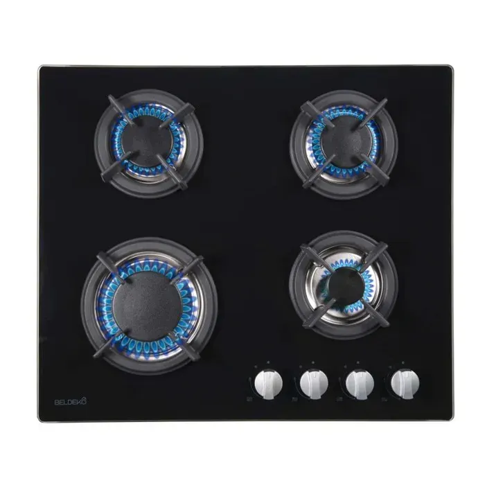 BELDEKO Plaque Gaz 4 Feux 7500W Grilles Fonte Verre Noir - Marque Française — coloris Gris