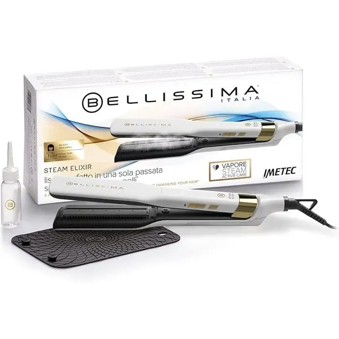 Bellissima Professional Steam Straightener Ceramic Plate + Argan Oil u2013 Steam Elixir Hair Straightener + Protective Ca PLATEAUX