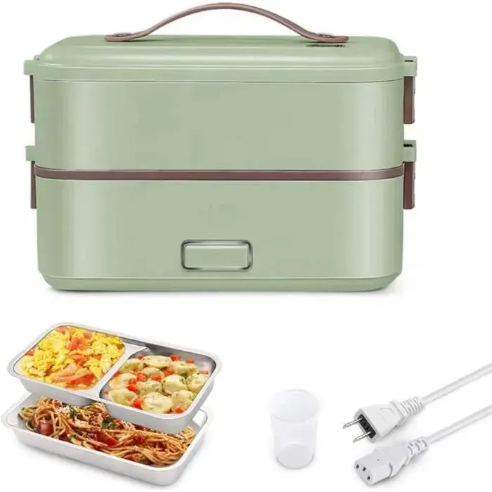 Bento Lunch Box Chauffante Electrique 220V 300W 0.8L Boîte Repas 2 Couches CompartimentPTC Chauffe Plat Electrique Vert Label