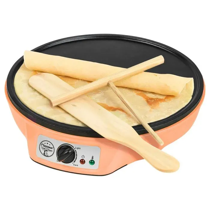 Bestron Crêpière - Ø 30 cm - Avec répartiteur de pâte et spatule - 1000 W - Revêtement antiadhésif - Couleur orange
