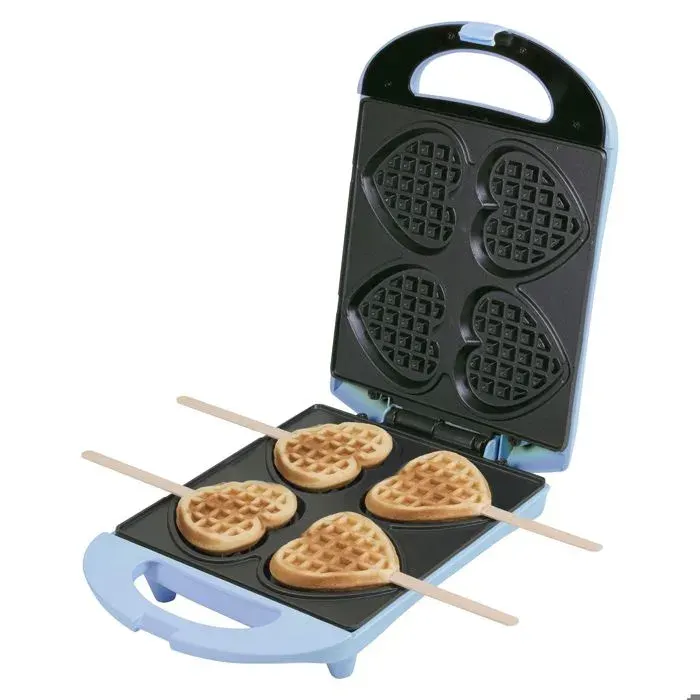 Bestron DSW271B - Gaufrier 1400W - 4 mini gaufres en forme de cœur - 20 bâtonnets inclus - Couleur bleu