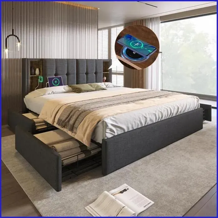 Bettgestell 160x200 cm - Polsterbett Chargeur Sans Fil USB-C 4 Tiroirs Linge Gris