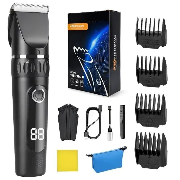 BEYAWL Tondeuse à Cheveux Homme Sans Fil Tondeuse Cheveux et Barbe avec LCD 2 Vitesses et 4 Peignes pour Adultes Enfants Animaux